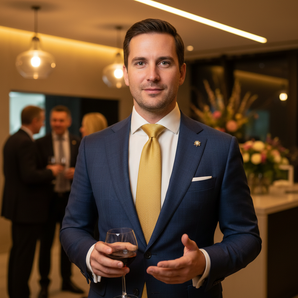 Man in deep navy three-piece suit, formal setting, dim warm lighting, dark mahogany backdrop