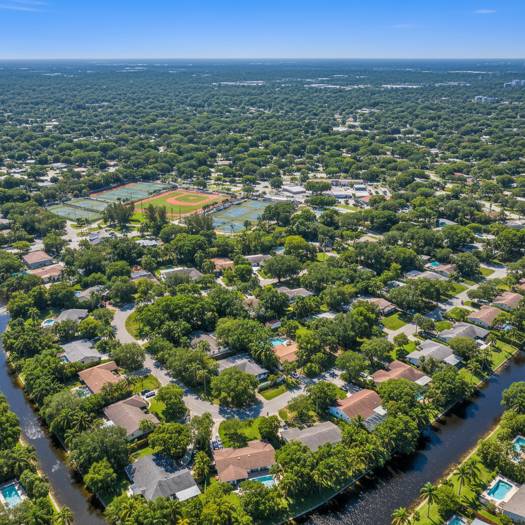 Aerial view of Wilton Manors Florida with lush greenery, streets and suburban neighborhood