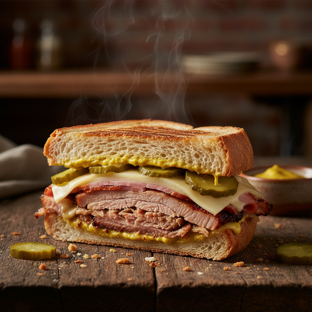 Pressed Cuban sandwich with pickles, mustard, and roasted pork at Café Tropical in Silver Lake Los Angeles