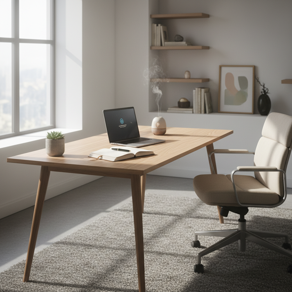 Person sitting at a bright, airy home workspace with natural light, calm and relaxed atmosphere