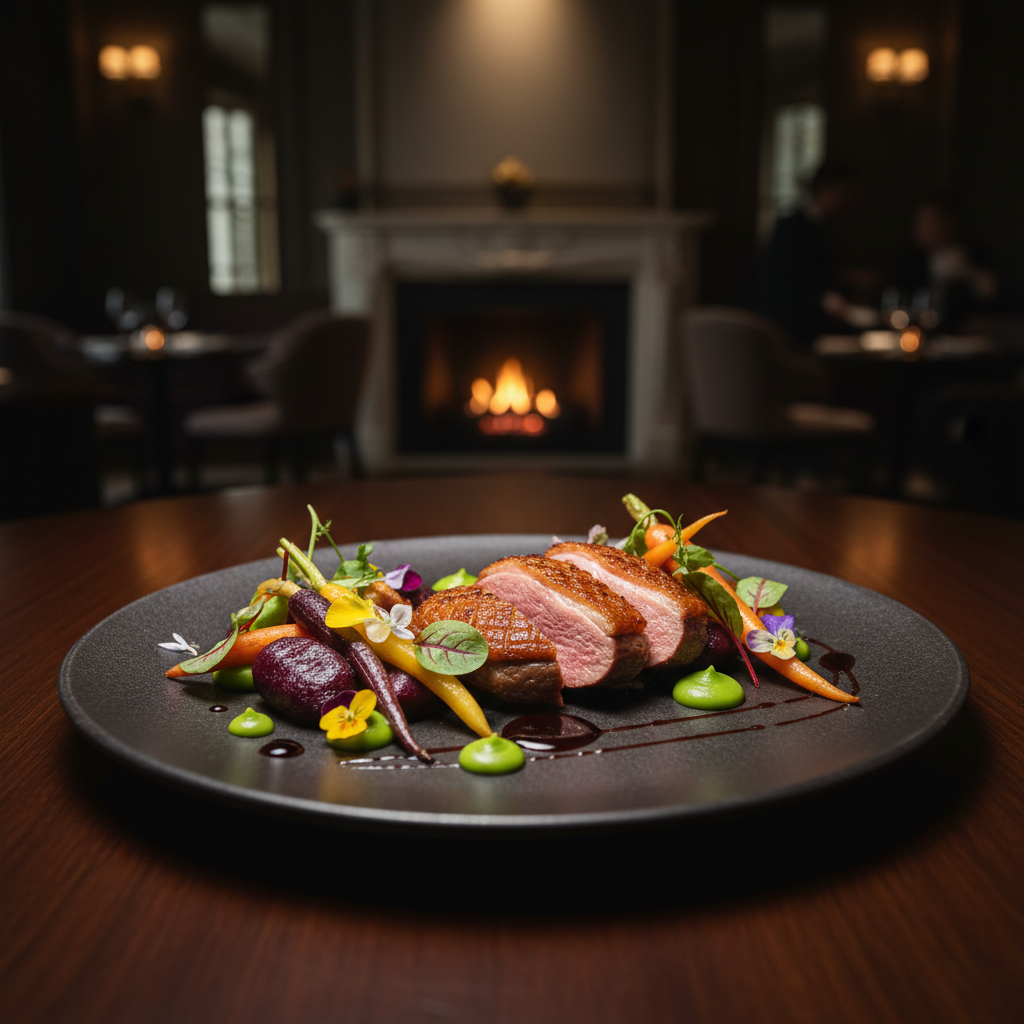 Duck breast sliced on white plate, bright elegant restaurant plating, natural light
