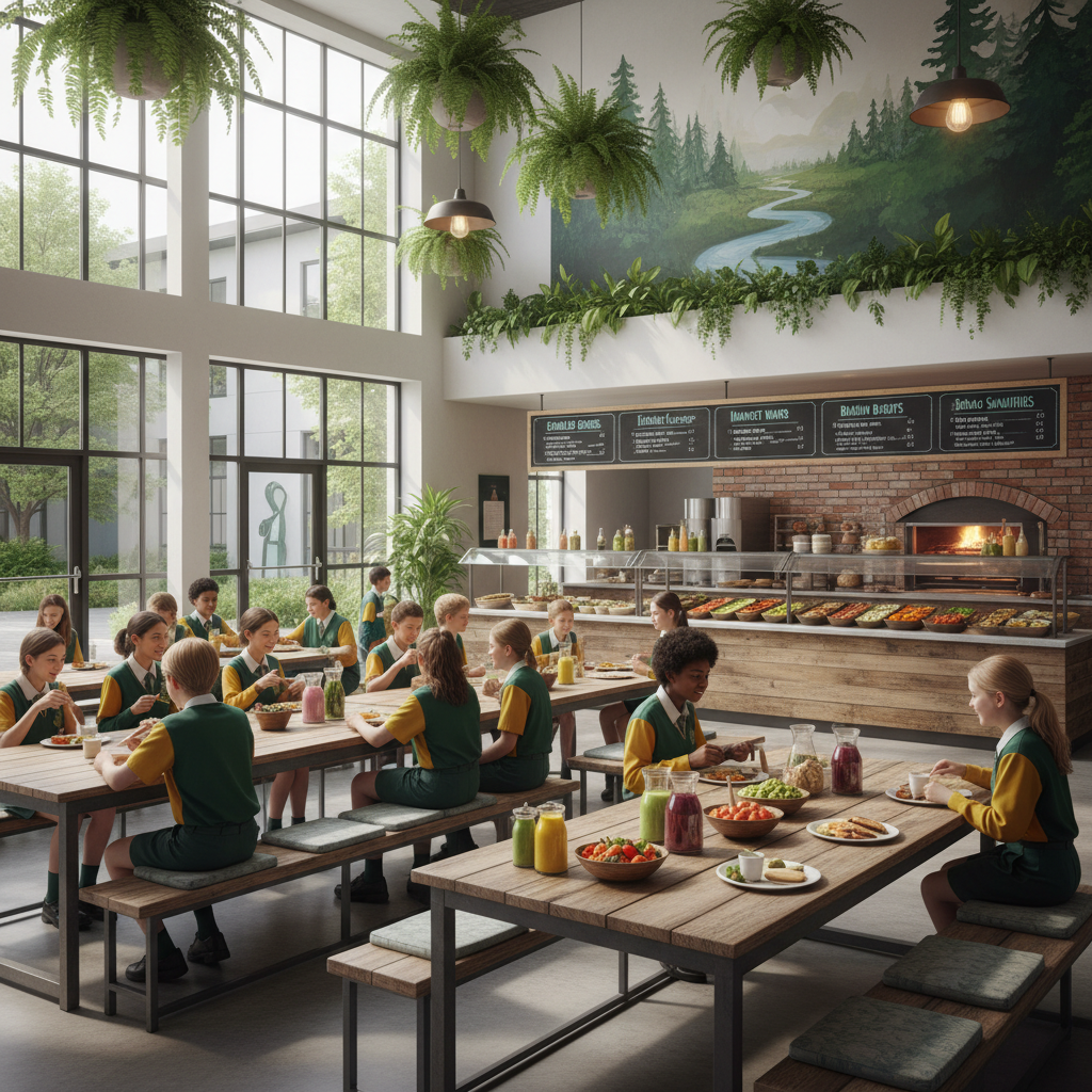 Freshly cooked nutritious meal being served in a clean school kitchen, warm and nourishing atmosphere