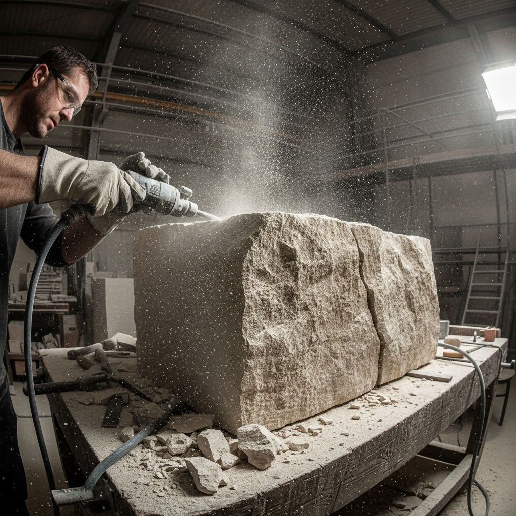 Carving limestone element with pneumatic chisel in studio