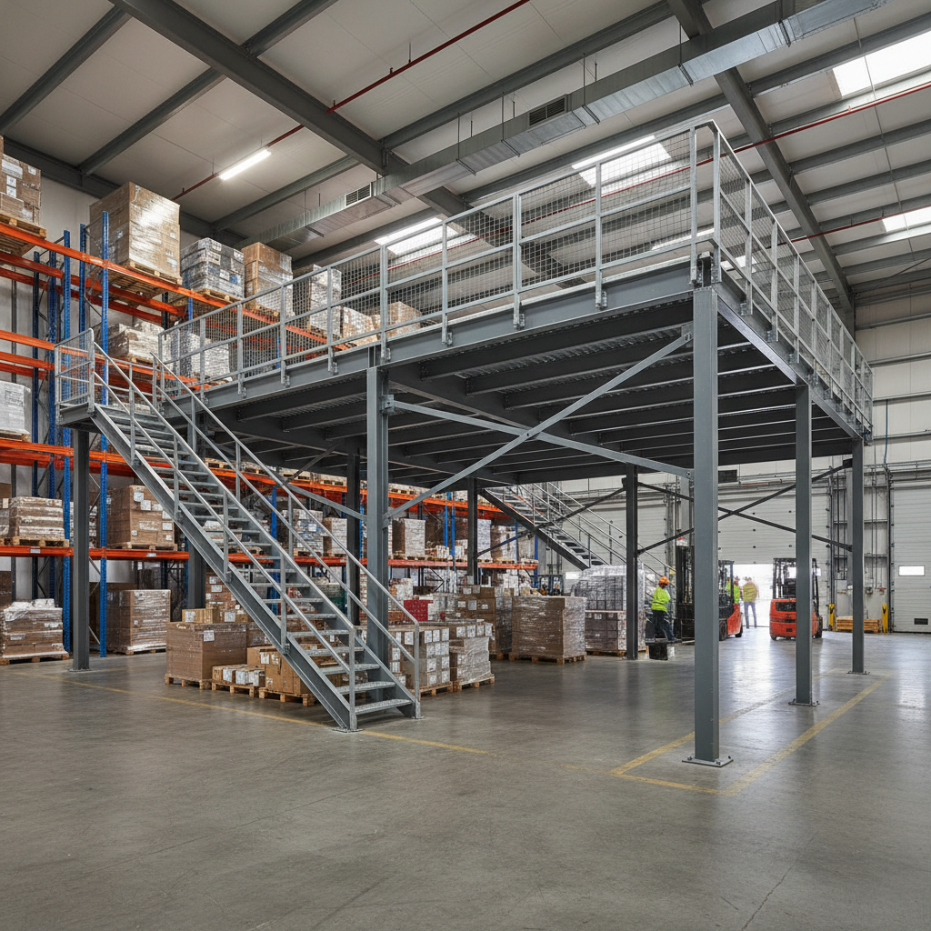 Industrial mezzanine structure with two levels of storage, steel platform with safety railings in large warehouse, dark shadows and industrial atmosphere