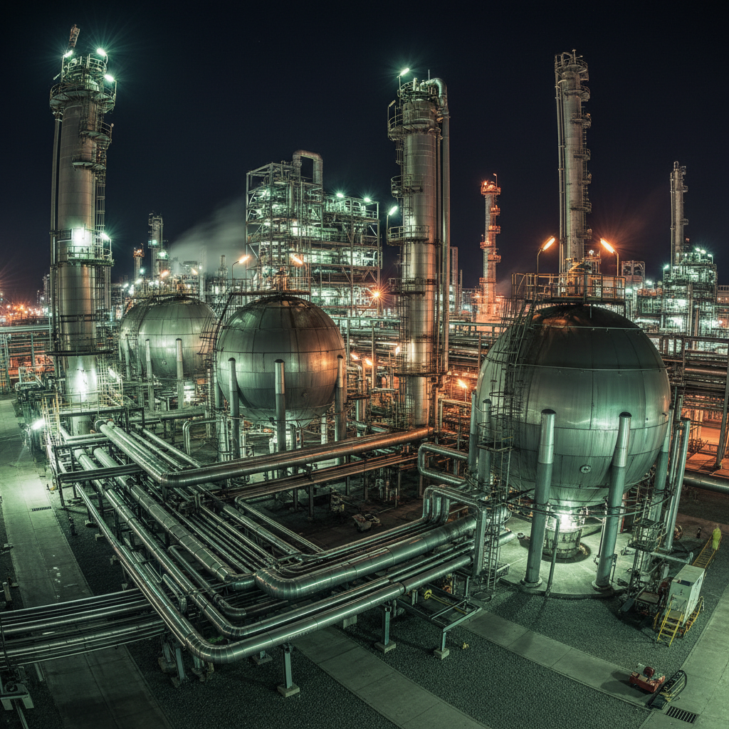 Industrial chemical processing facility with pipes and reactor vessels at night