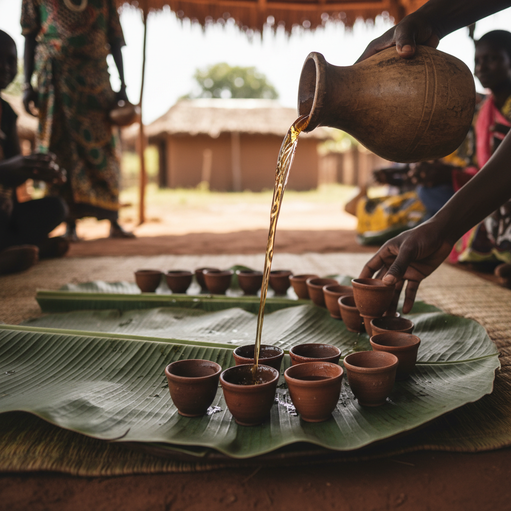 Waragi being poured into small clay cups arranged on a banana leaf tray for ceremony guests