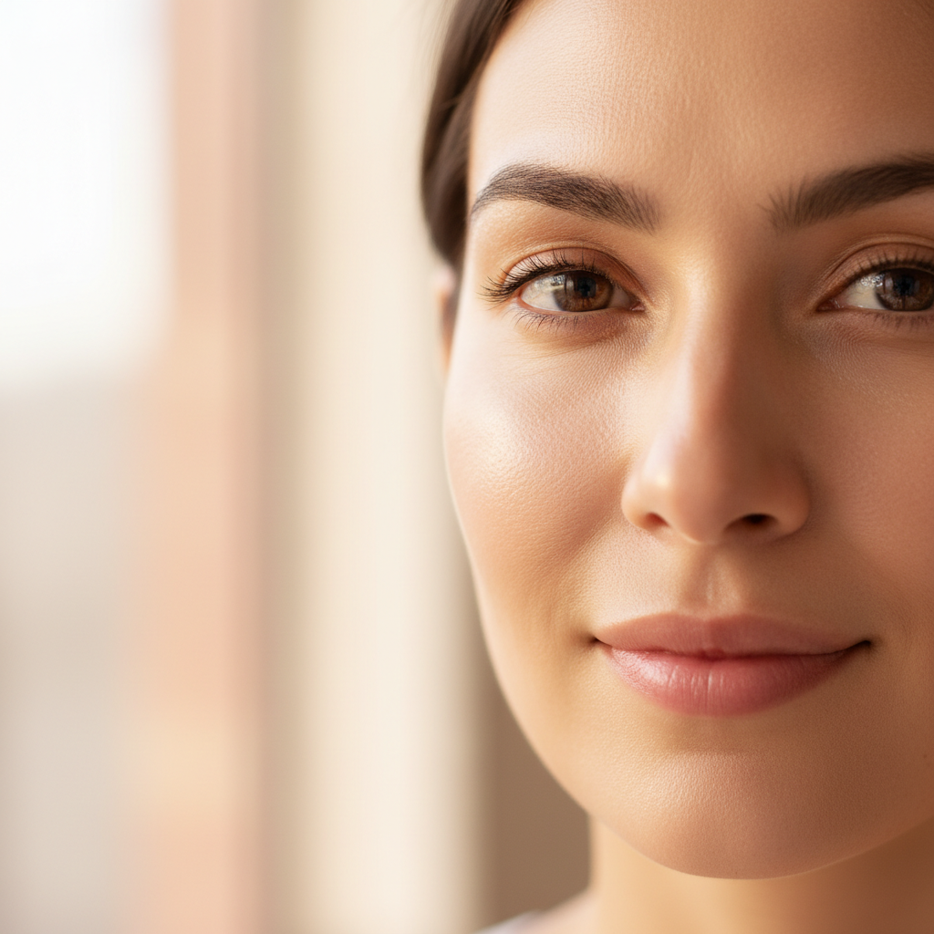 Woman with glowing clean skin after facial treatment, relaxed expression, bright lighting