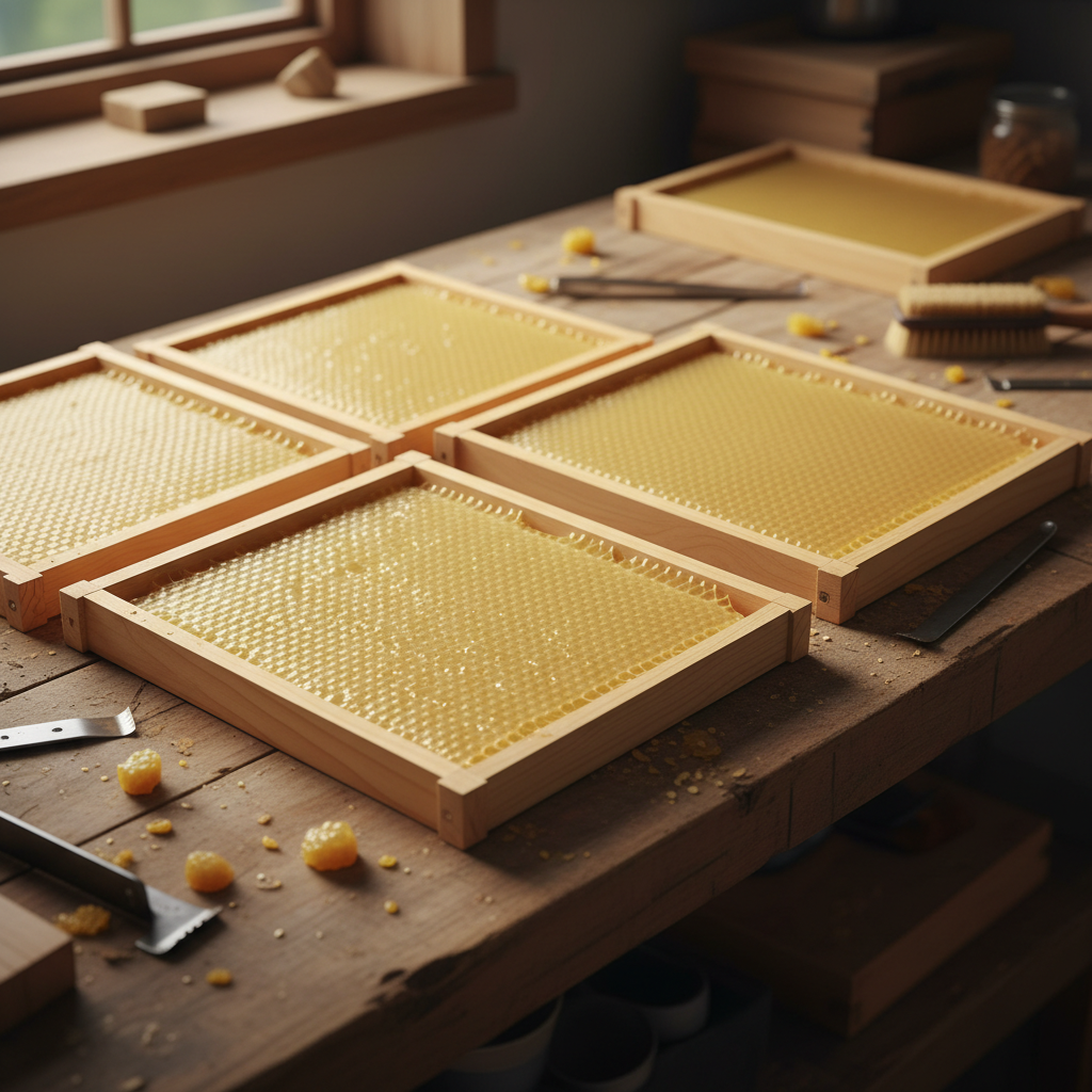 Wooden frames with fresh beeswax foundation sheets laid out on a workbench, grain visible in warm light