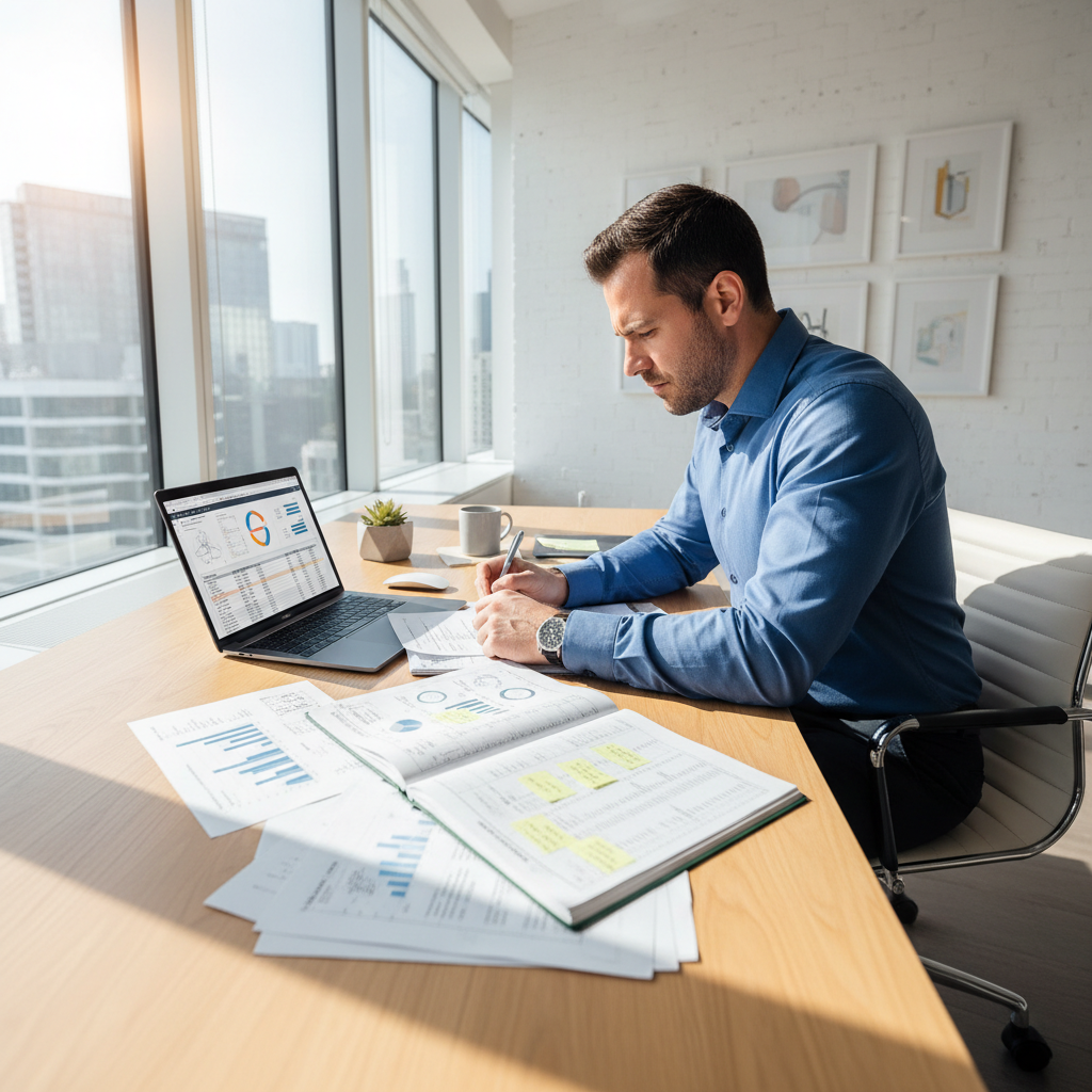 Professional accountant reviewing financial reports at modern London office desk, bright airy workspace