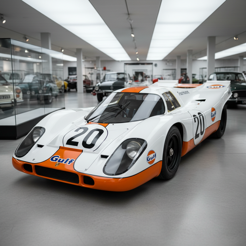 The actual Porsche 917 Gulf livery race car on display at the Porsche Museum Stuttgart — the 1970 Le Mans overall winner developed through clay aerodynamic studies