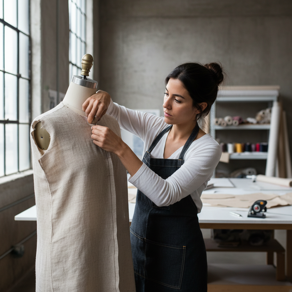Pattern maker Valentina Cruz pinning muslin fabric onto a dress form in a concrete-walled atelier, hands visible at work