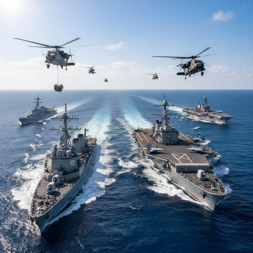 Naval warship at sea during military exercise with helicopter hovering above deck