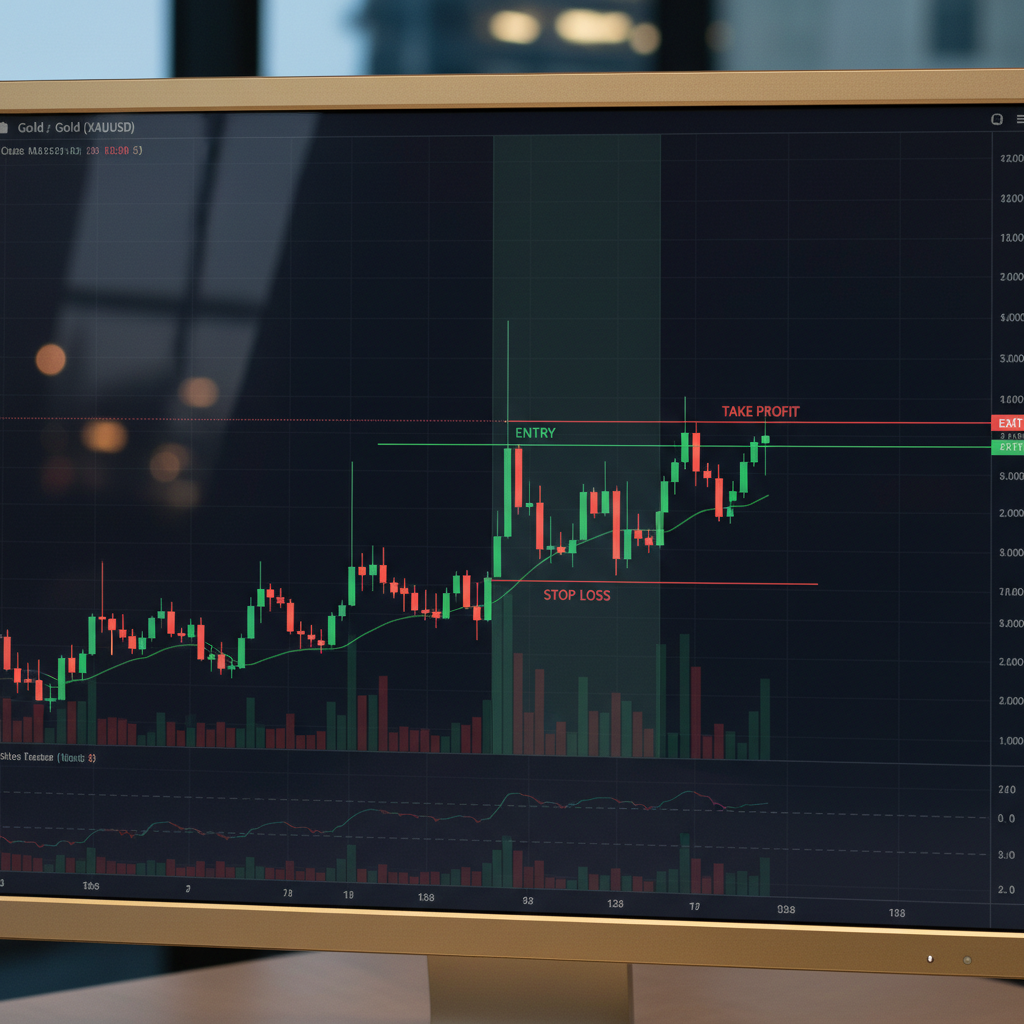 Gold trading chart on professional trading platform showing bullish breakout pattern with profit zones highlighted
