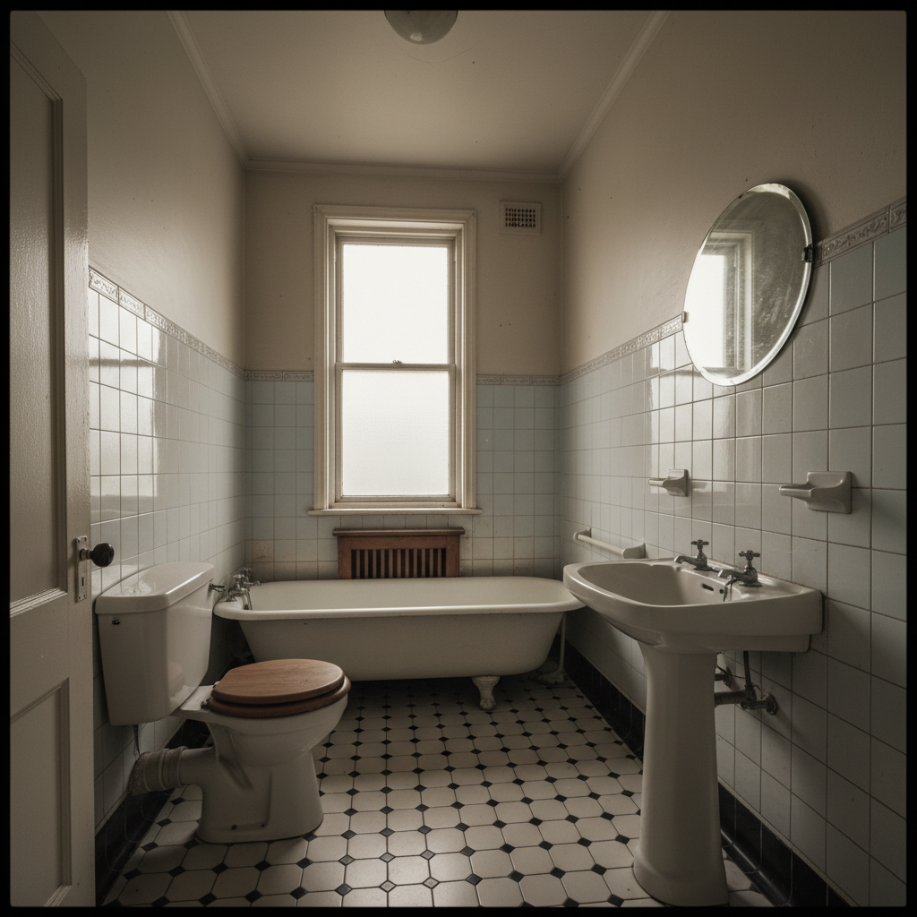 Old bathroom with dated tiles and stained grout before renovation