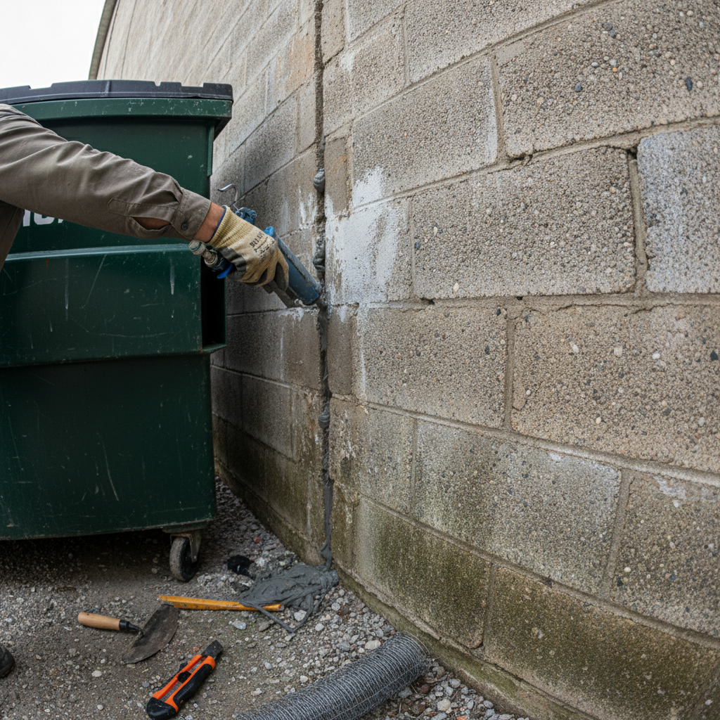 Technician in gloves sealing an entry point behind a commercial dumpster area with concrete wall