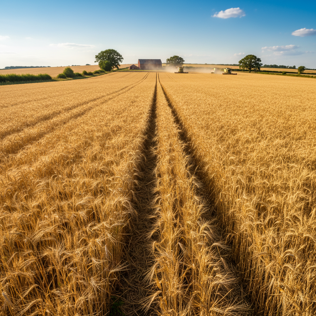 Golden barley field in East Anglia at harvest time, rows stretching to the horizon under blue sky