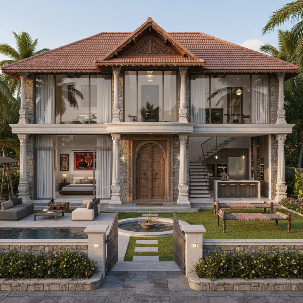 Luxury villa with modern architecture and lush green surroundings in Maheshwaram