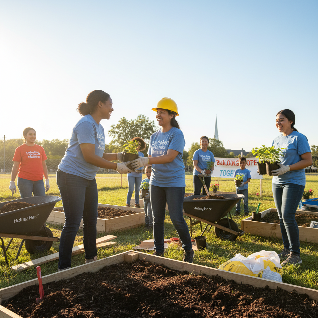 Voluntarios trabajando juntos en proyecto comunitario con sonrisas y actitud positiva