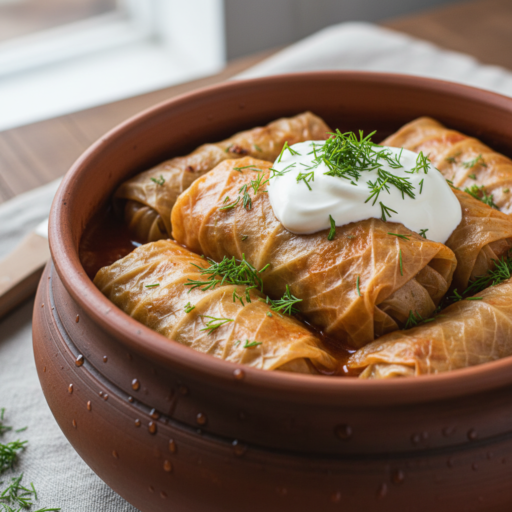 Sarmale cabbage rolls in clay pot with sour cream and fresh dill