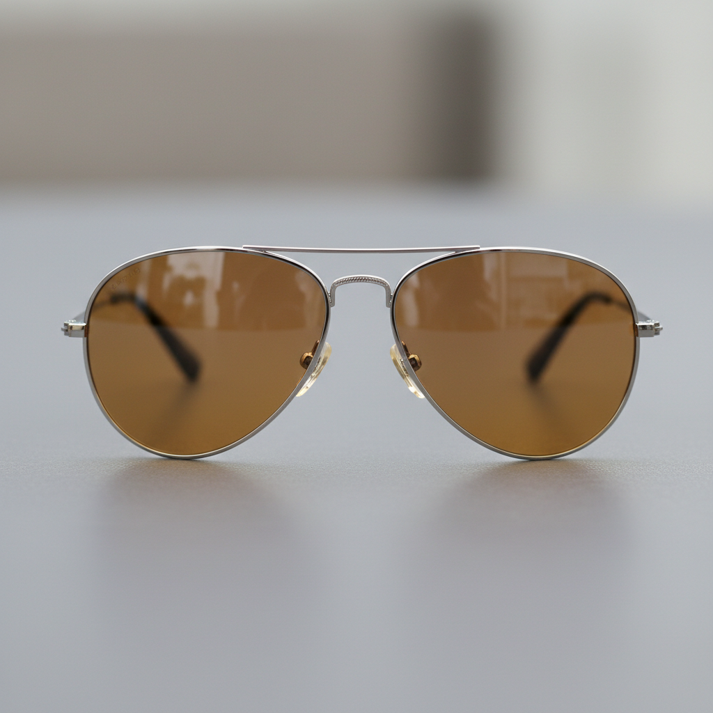 Gold-framed aviator sunglasses with brown polarized lenses on a white surface