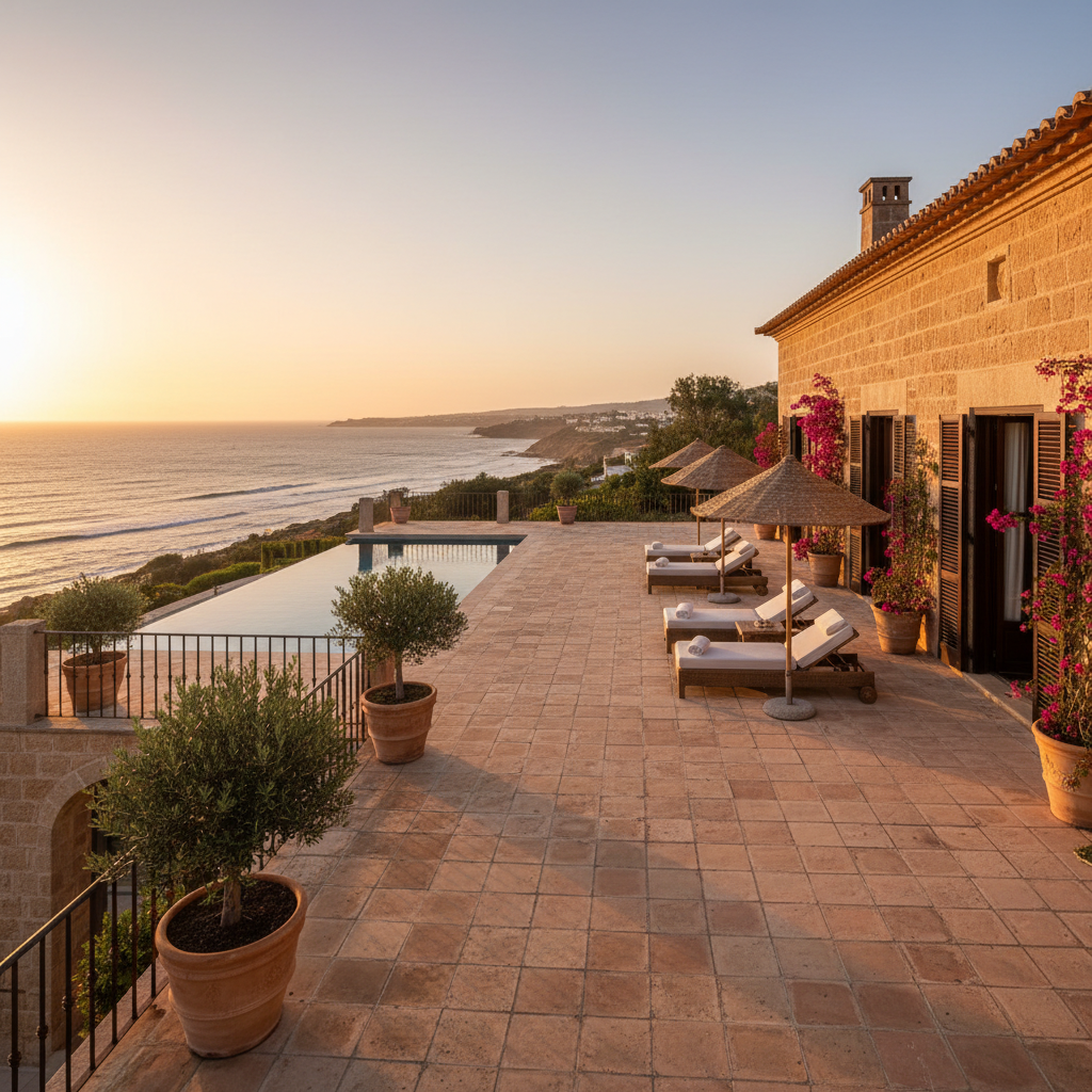 Expansive Portuguese villa with ocean panorama, golden hour light, wide terrace, warm stone walls