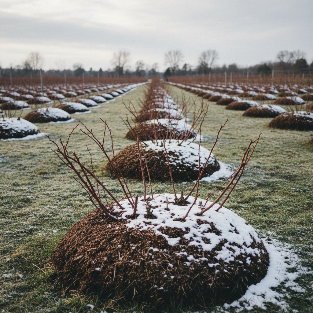 Rose canes protected with winter mulch mounds under light snow dusting