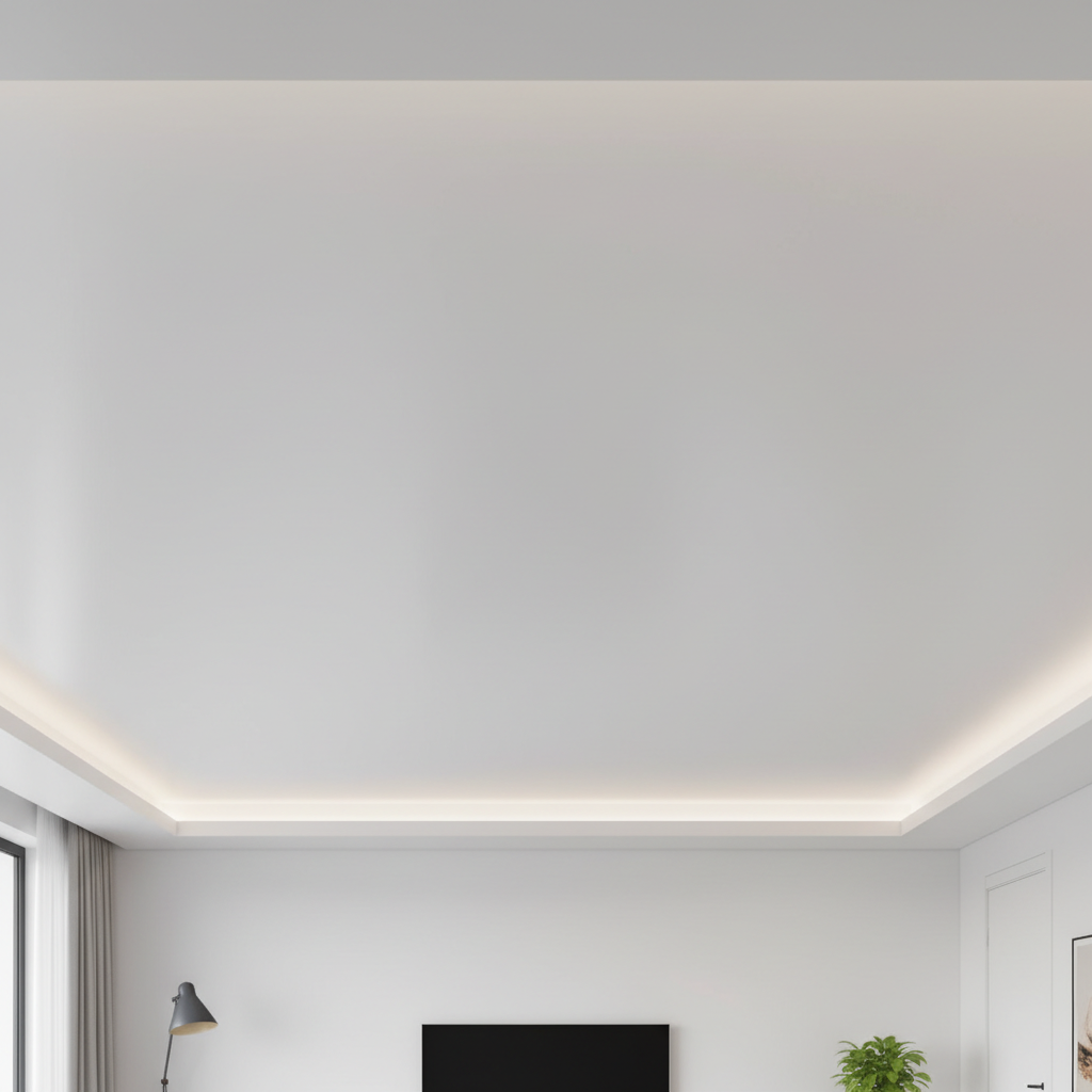 Clean white ceiling with no trace of previous water stain, fresh primer coat