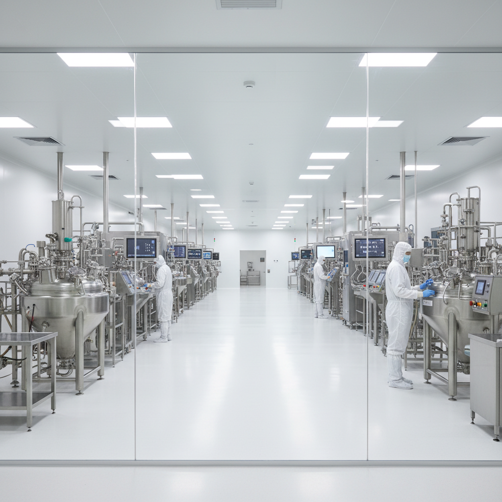 Food and beverage manufacturing facility with stainless steel equipment, bright clean environment