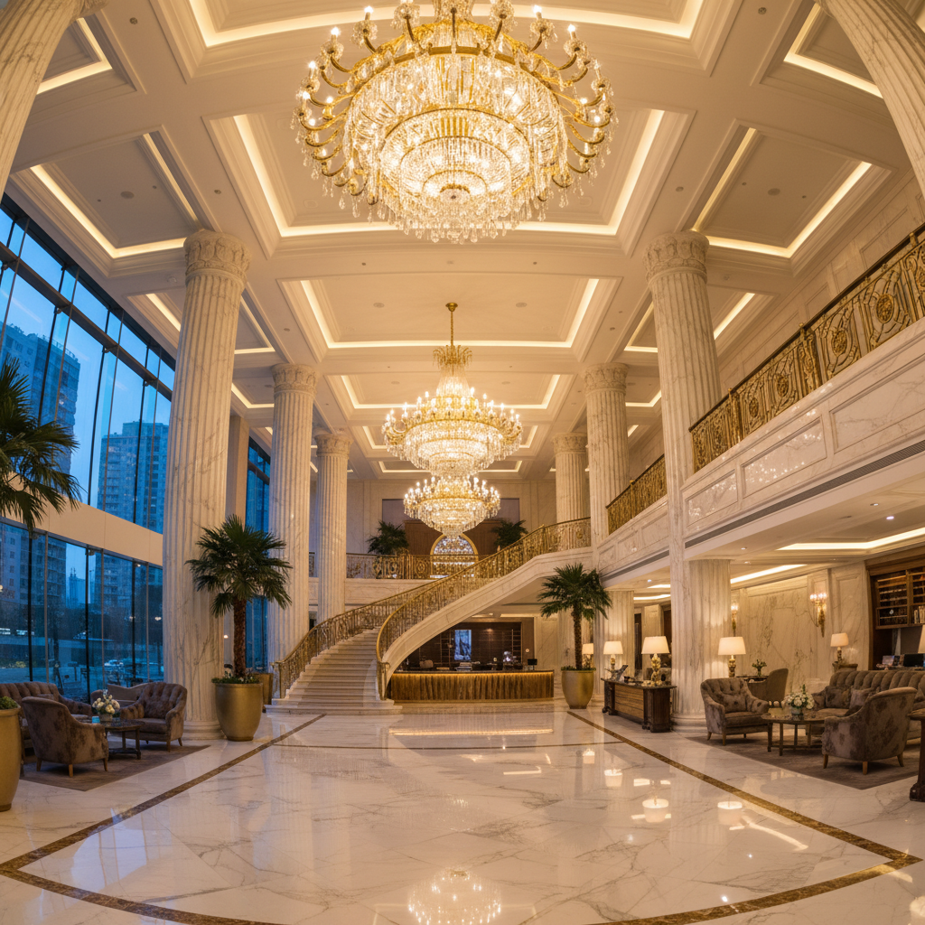 Grand hotel lobby with warm amber lighting, marble floors, atmospheric mist from ceiling diffusers, dark elegant interior