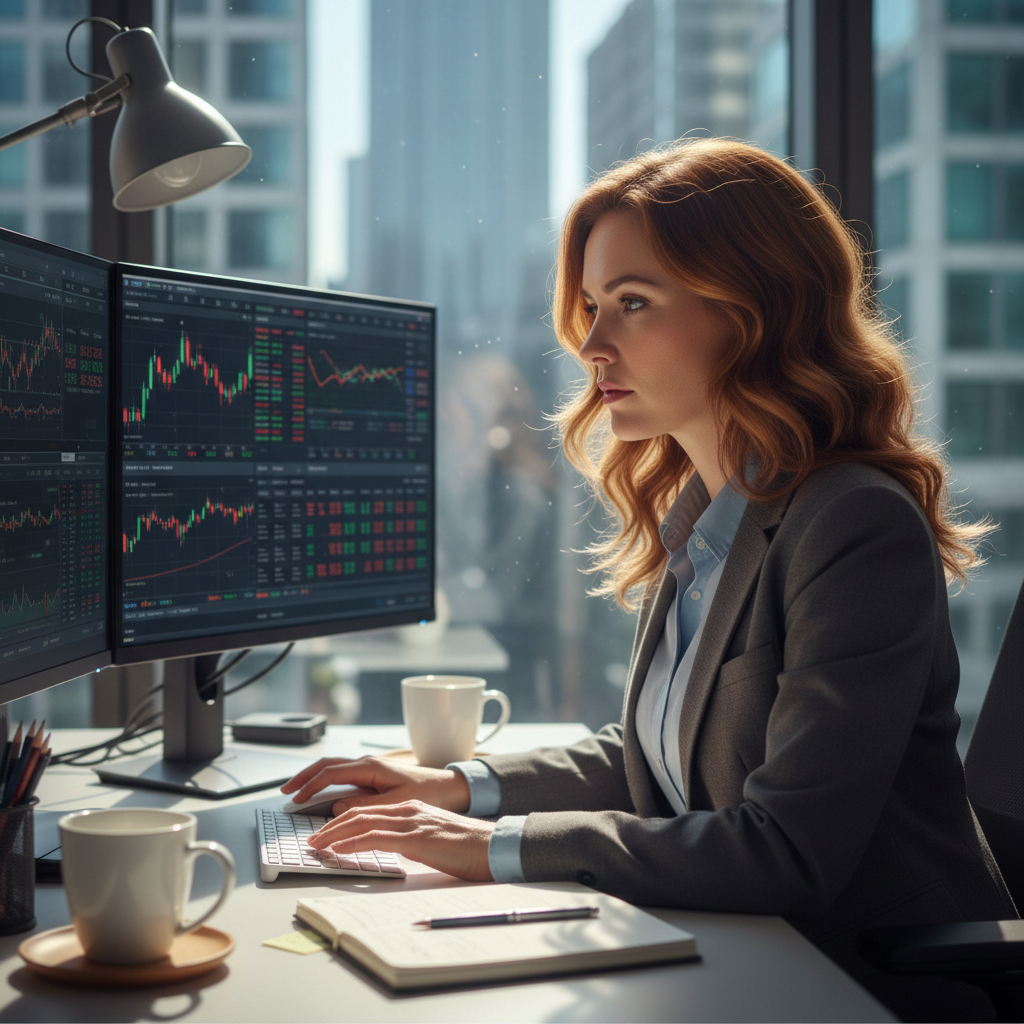 Natalie B., day trader with auburn hair looking focused