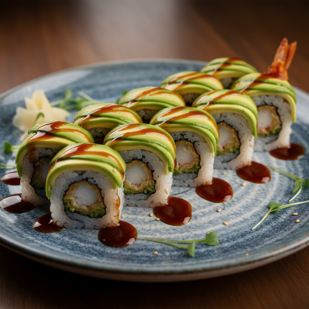 Dragon roll sushi with avocado on dark slate