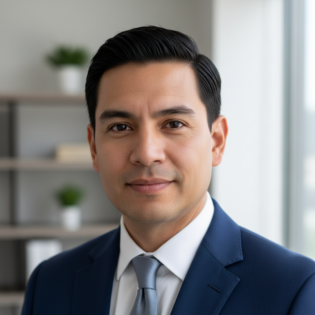 Professional headshot of Hispanic man with short black hair in navy suit