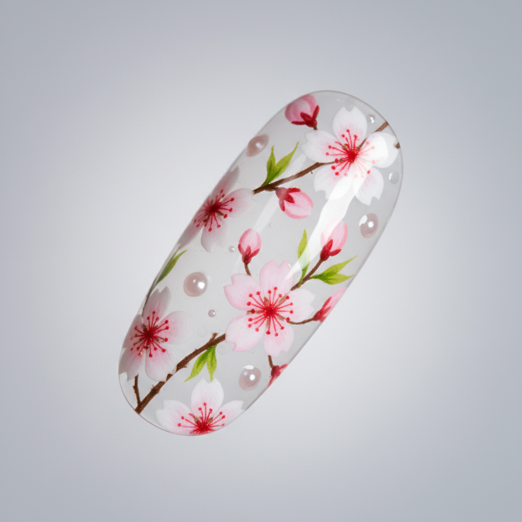Hand-painted cherry blossom nail art, delicate pink petals on ivory base, moody low-lit environment