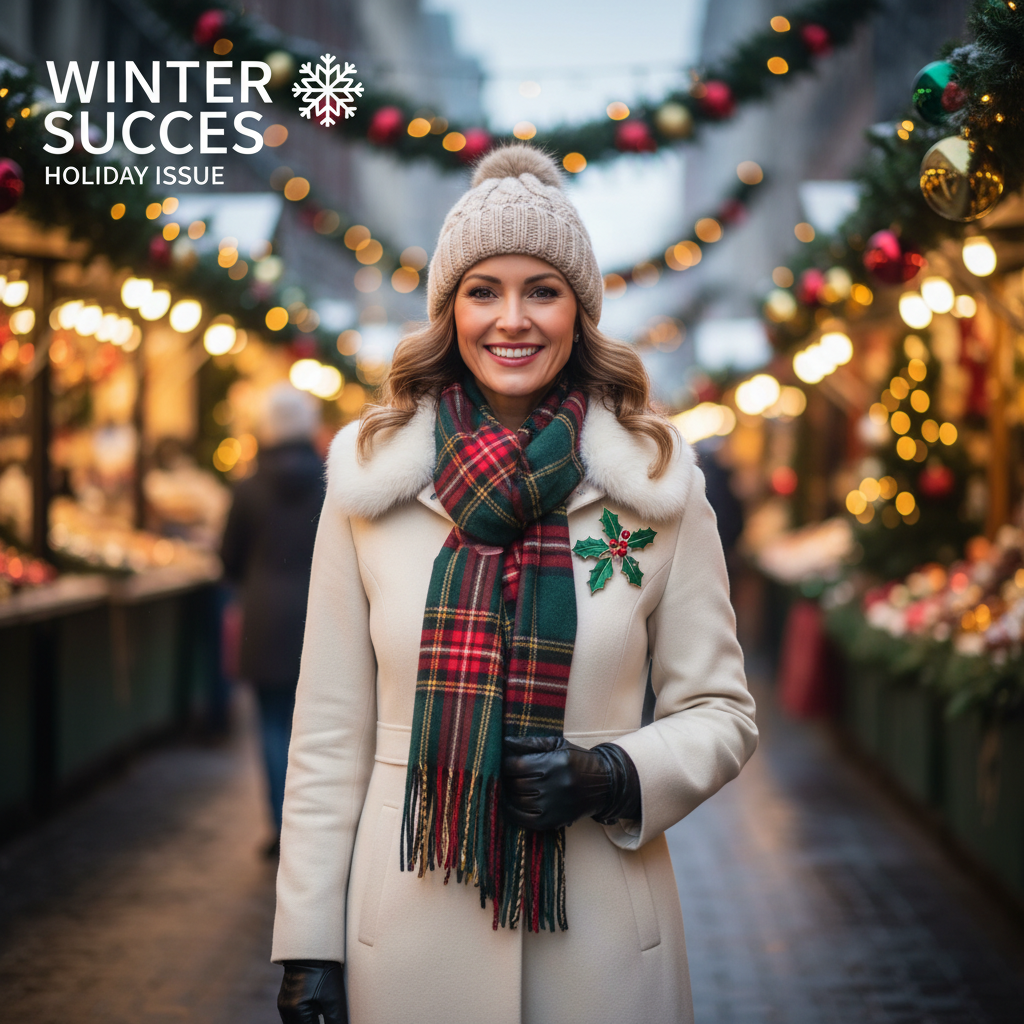 Yorkshire BusinessWoman Dec/Jan 2025-26 festive cover with a businesswoman in winter attire
