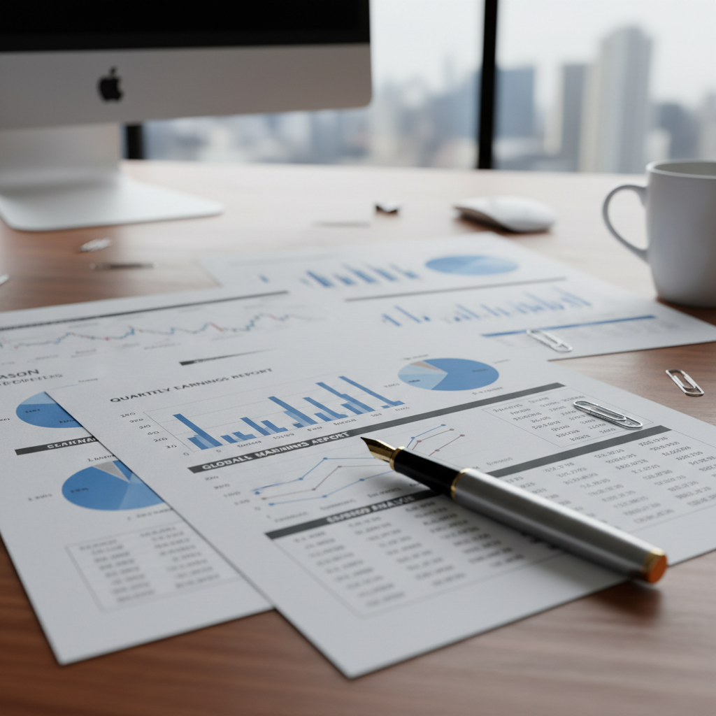 Charts and financial data printed on paper with a pen resting beside them