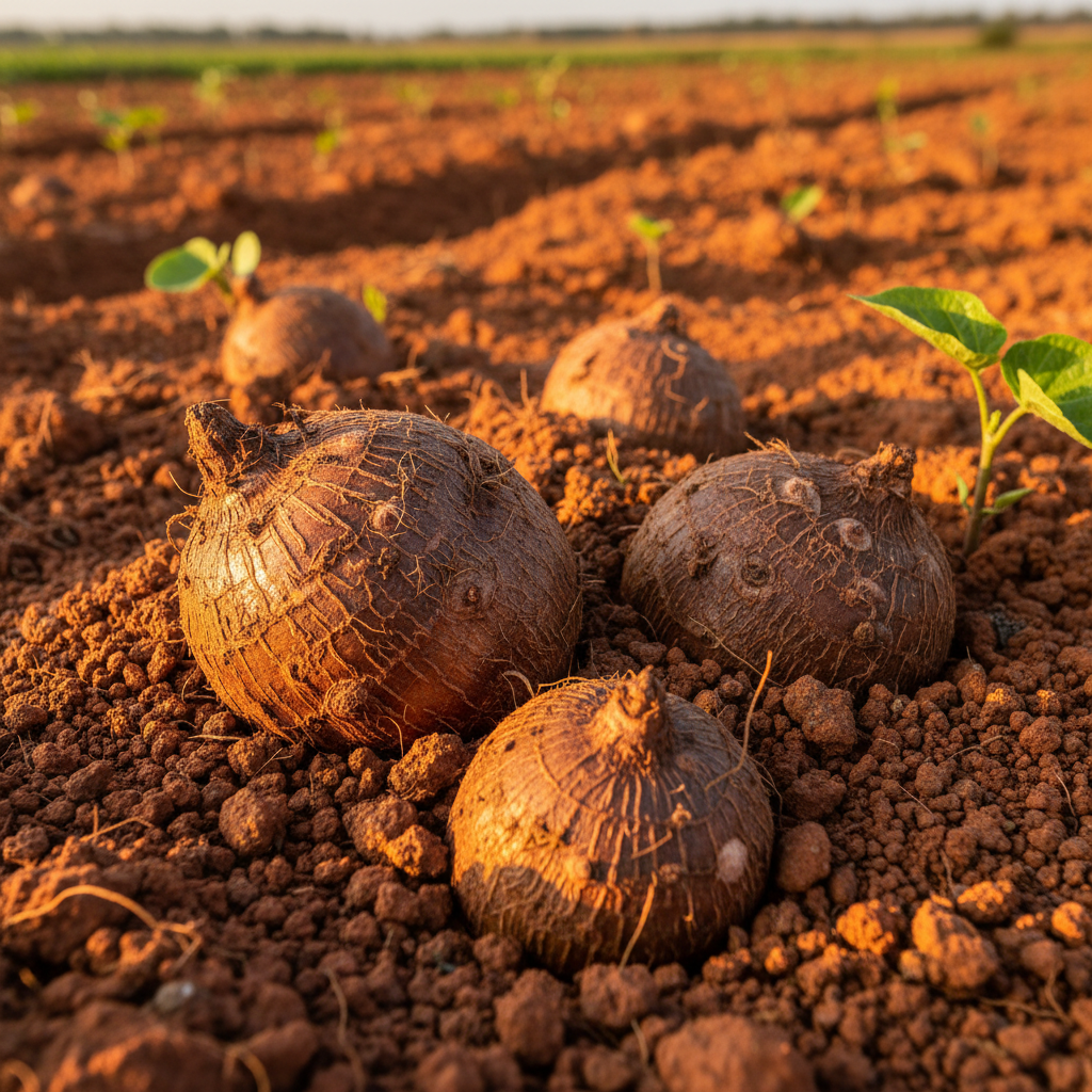 Ghanaian farmer in a green yam field harvesting tubers at golden hour, lush tropical vegetation