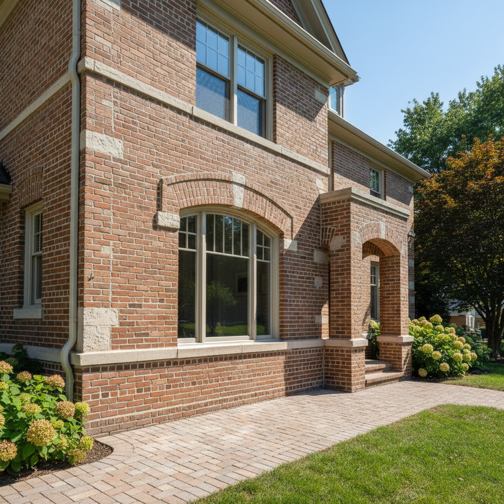 Residential property masonry improvement, brick home exterior, bright daylight