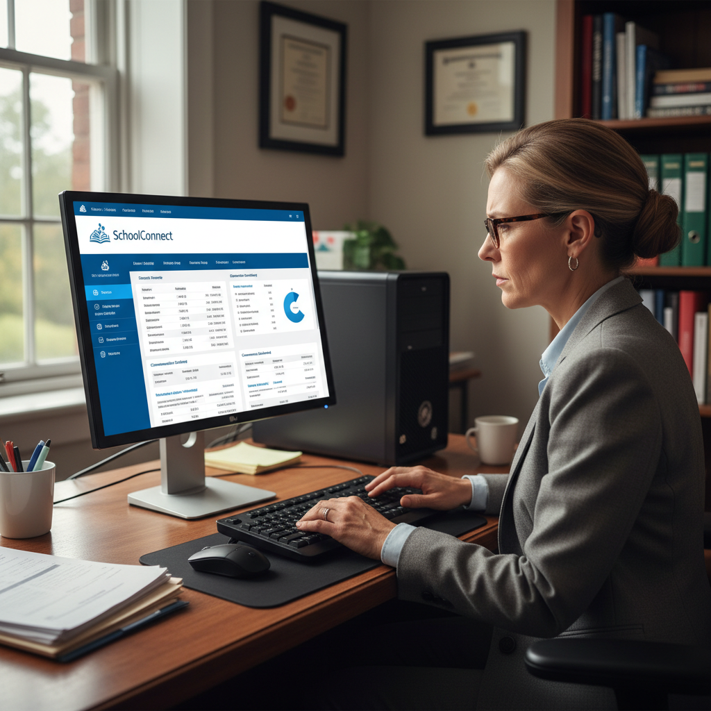 School ERP dashboard interface showing student management system with attendance tracking, grade management, and real-time analytics for educational administrators