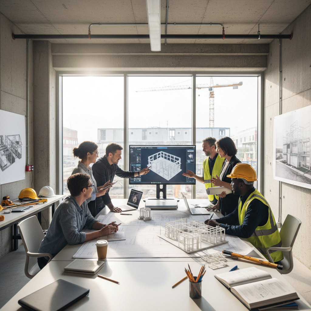 Tensio engineering team collaborating on construction project blueprints and quality standards