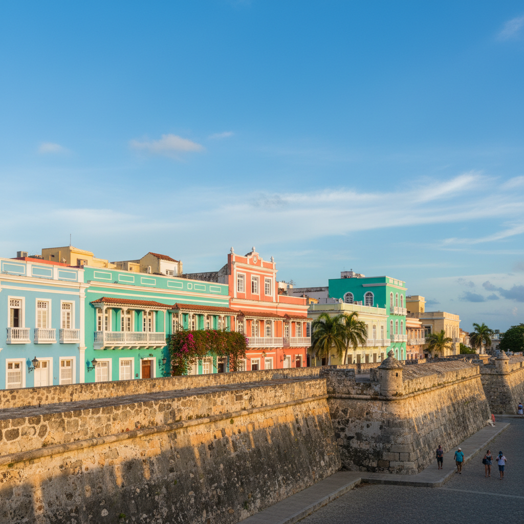Centro histórico de Cartagena de Indias con murallas coloniales coloridas y catedral al fondo