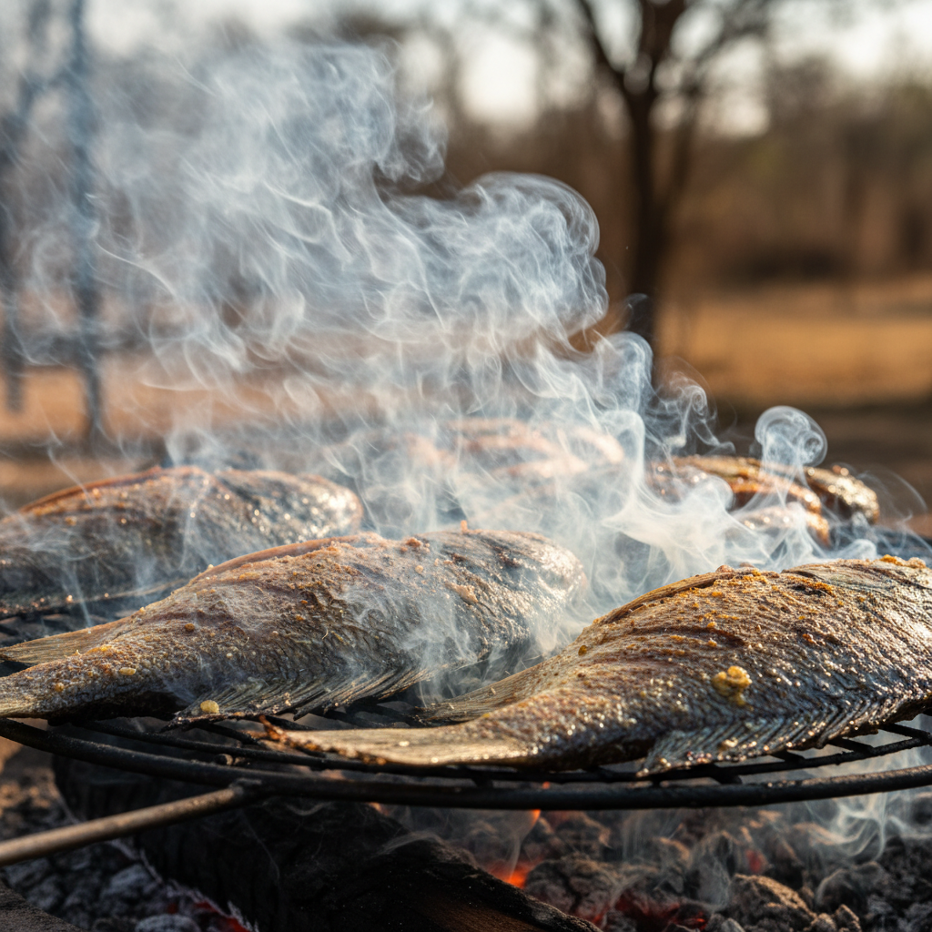 Msasa wood smoke rising over charred bream fish on an open braai, close-up texture of charred edges and glistening oil
