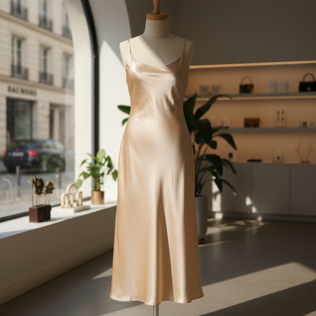 Sand satin slip midi dress on mannequin in bright white studio