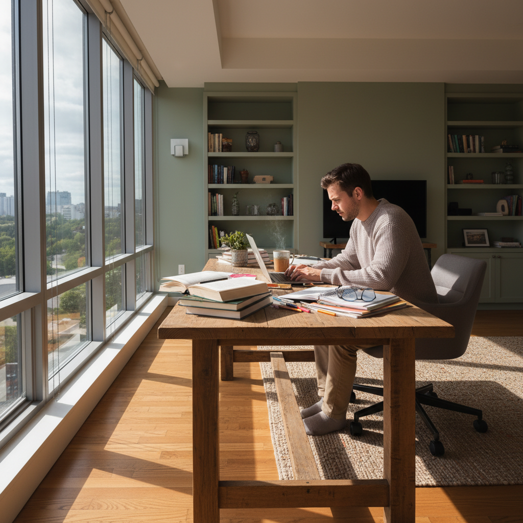 Person working from home on laptop with coffee, bright home office