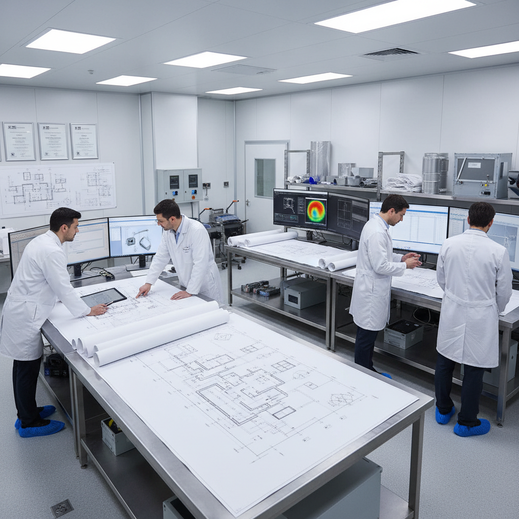Cleanroom design and engineering workspace showing technical blueprints, CFD analysis software, and HVAC system specifications for ISO 14644 compliant facilities