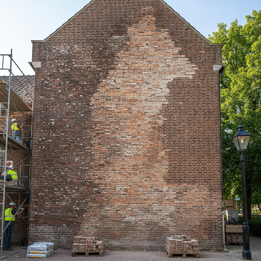 Historic brick facade restoration showing perfectly matched reclaimed brick blending with original century-old masonry