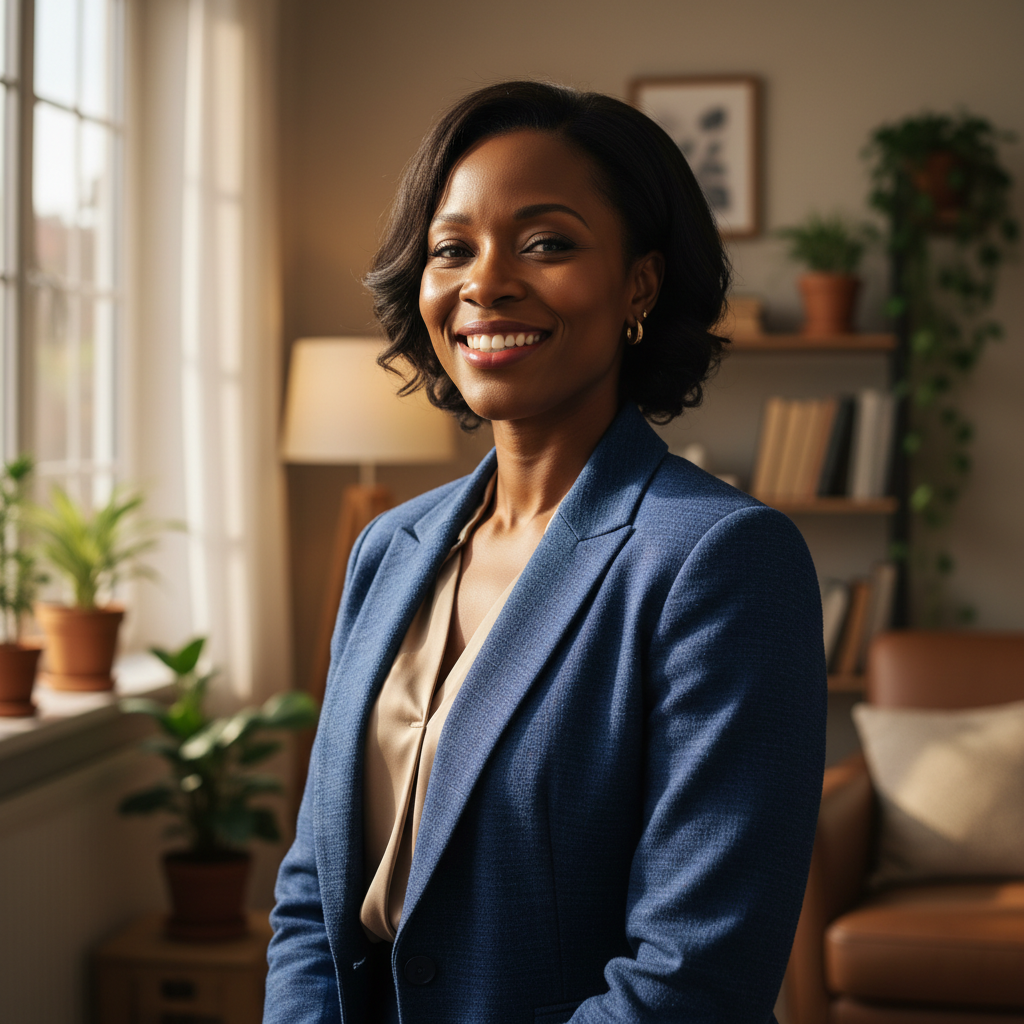 Smiling African American mother in casual clothes, warm natural light