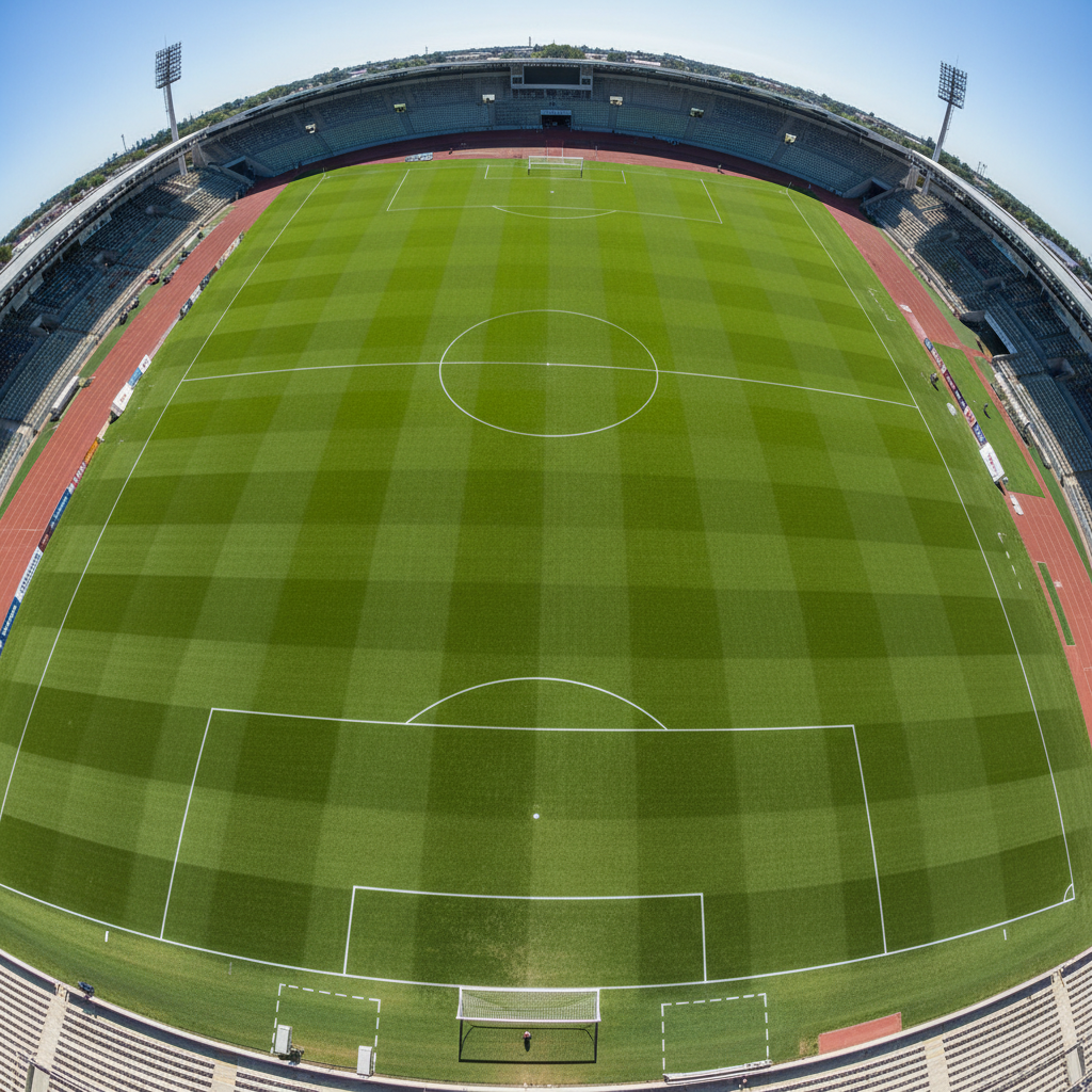 Aerial view of a completed FIFA-specification football pitch with freshly painted white line markings and vibrant green natural turf