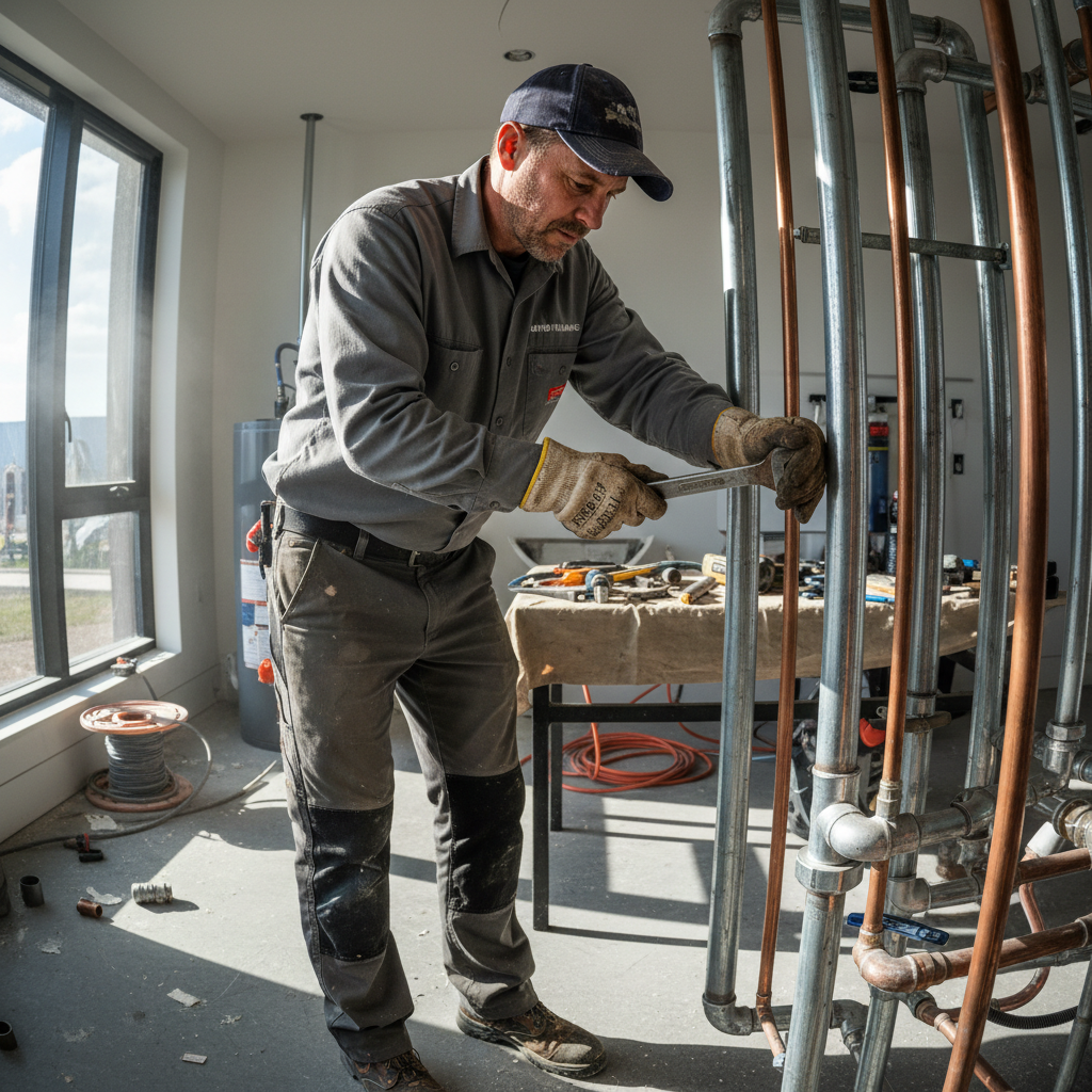 Plumber in professional uniform working on central heating system, Enfield home, bright clean utility room