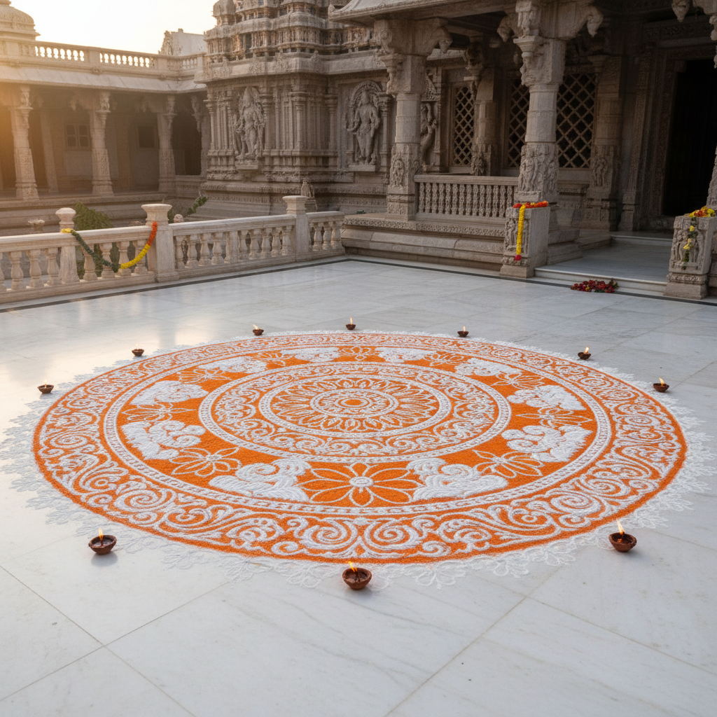Intricate flower rangoli in saffron and white on marble floor of temple courtyard