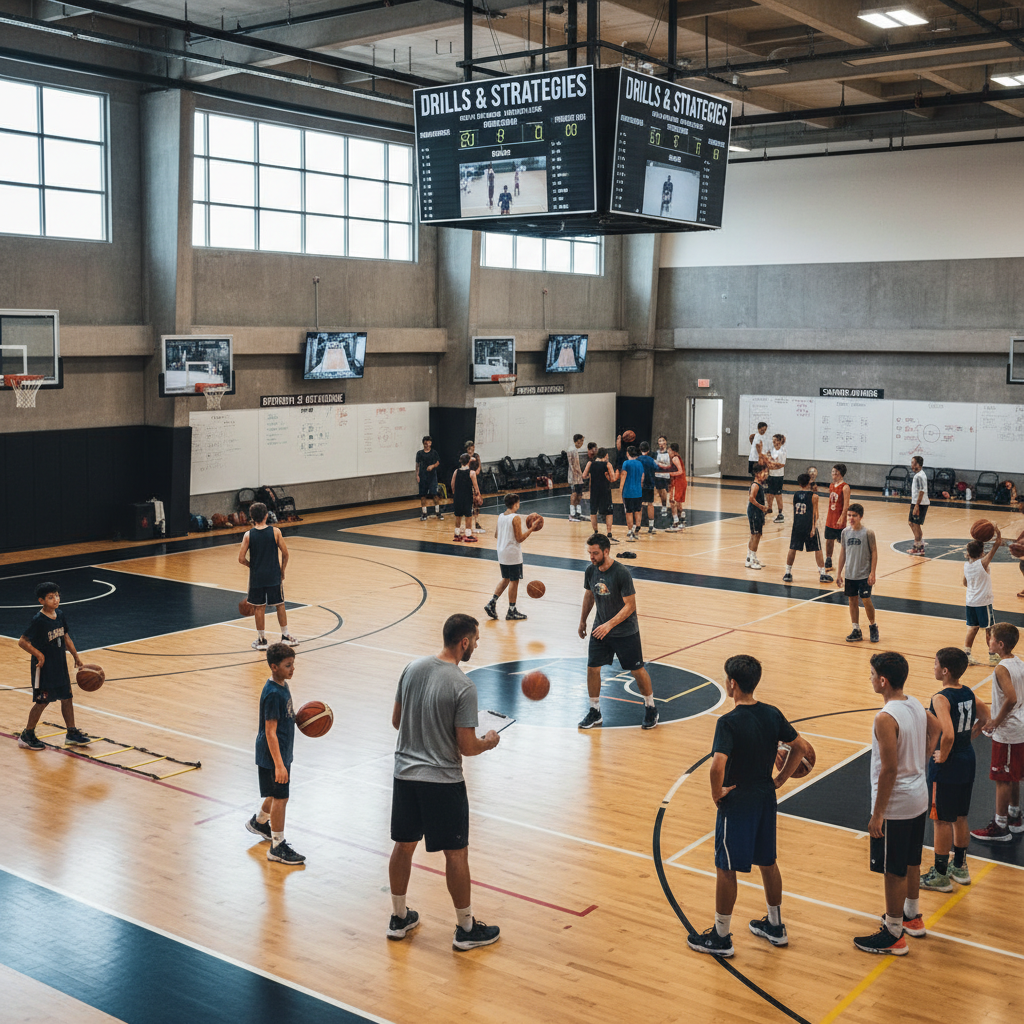 Basketball players in action during indoor camp drill, coach visible in background